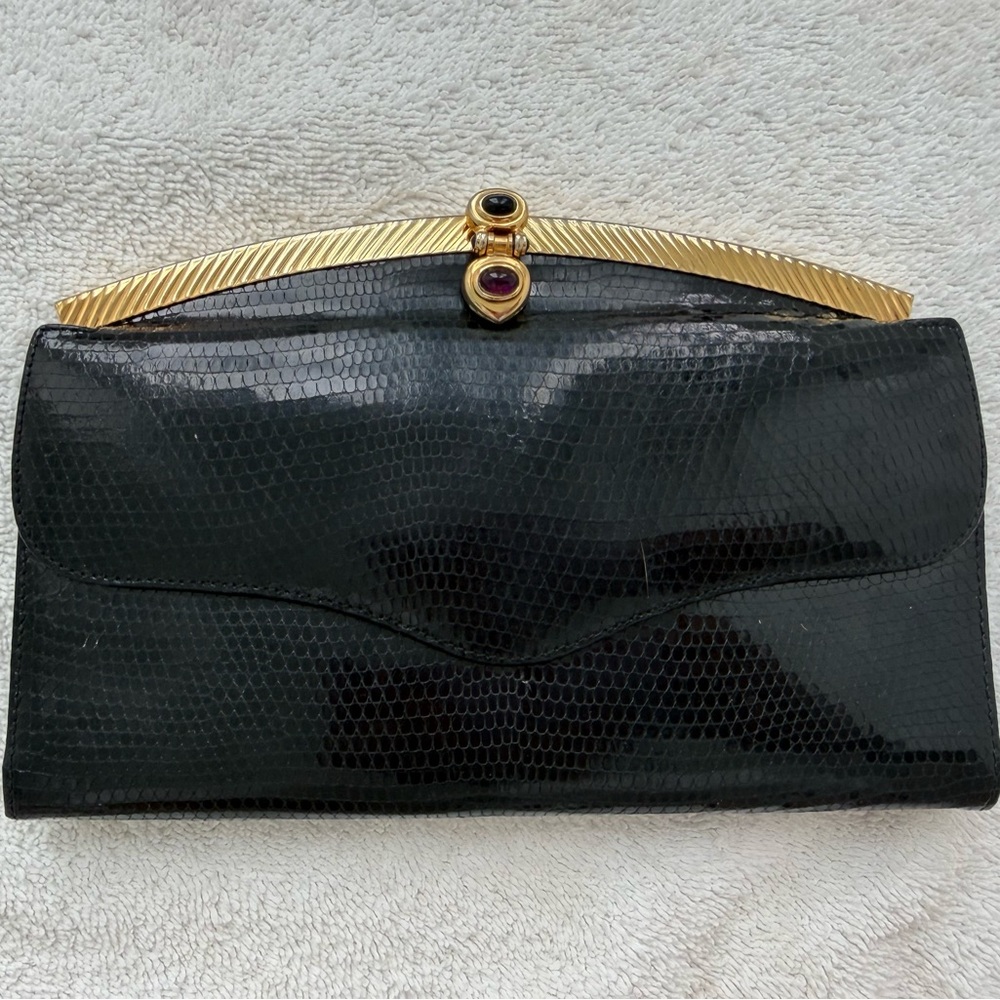 Judith Leiber Vintage Black Lizard-Embossed Leather Wallet/Clutch, Gold Hardware